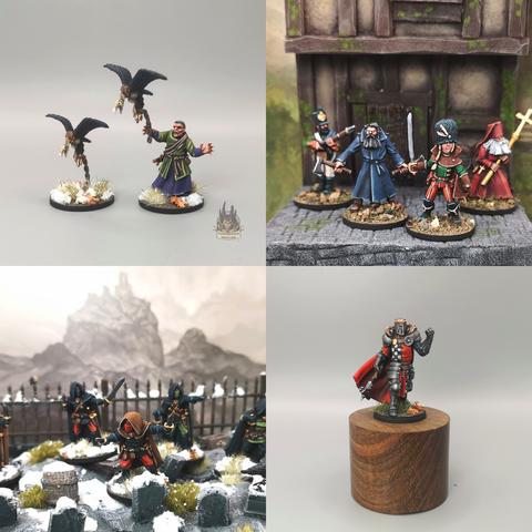 Composite grid of 4 images - left-right, top- bottom: kitbashed Frostgrave Crowmaster (North Star with some Warhammer pieces), 4 Silver Bayonet Russians in front of a timbered house facade (North Star and Bad Squiddo, house facade scratch built), Assassins in a graveyard (Midlam Miniatures, Graveyard scratchbult with Spellcrow and Fenris Games grave markers and a Renedra fence), Crusading Noble Lord (for Conquest by Para Bellum Games)