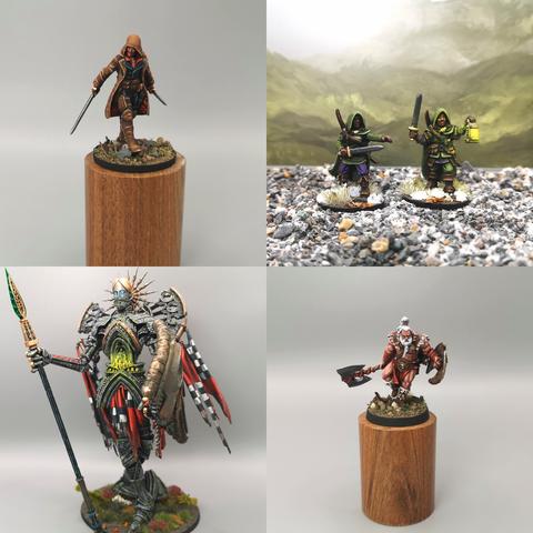 Composite grid of 4 images - left-right, top- bottom: Assassin (From The Lion's Tower Miniatures), Rangers (Midlam Miniatures), Archangel (For Conquest by Para Bellum Games), Barbarian (from Black Scorpion)

Some pictures in the grids include painted backdrops by Jon Hodgson