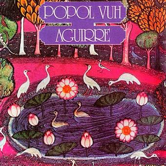Album de Popol Vuh pour le film Aguirre, der Zorn Gottes où apparaissent différents oiseaux blancs, beige, bleu dans une mare fleurie circulaire au milieu des bois, dans un décor rougeoyant