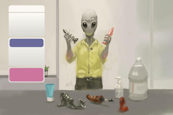 Digital painting of grey alien selling butt plugs on television