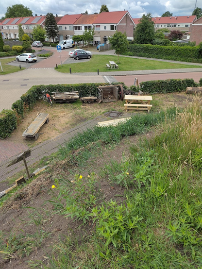 A view from a hill looking down on a small narrow gauge railway. Wood is visible around it.
