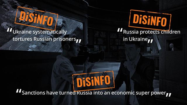 a screenshot from a media source labeled "DiSiNFO." It contains three statements presented as quotes:

1. "Ukraine systematically tortures Russian prisoners."
2. "Russia protects children in Ukraine."
3. "Sanctions have turned Russia into an economic super power."

The image seems to be highlighting these statements as examples of disinformation. The setting appears to be a newsroom or a media studio, with two individuals in the foreground, one of whom is holding a camera. The background shows a large screen displaying a map and additional text. The overall tone suggests that the image is part of a campaign or report aimed at identifying and countering false information or propaganda