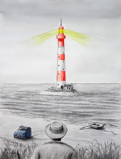 The drawing shows a lighthouse on a small island in the sea, with a red and white striped pattern and a bright yellow light shining. In the foreground is a person in a hat looking at the lighthouse, while a blue car and a small rowboat stand on the beach. The drawing is detailed and has a calm, gray background that highlights the lighthouse and its surroundings.
Artist Peter van Oostzanen