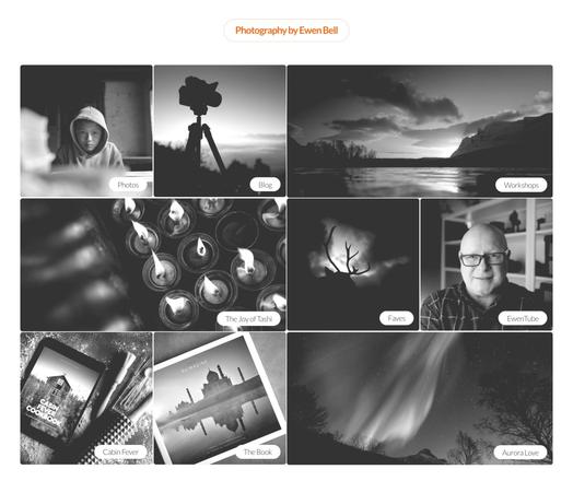 Homepage of my website. A grid of images, some square, some longer, are presented in B+W. Titles for each of the links are in the lower right-hand corner.