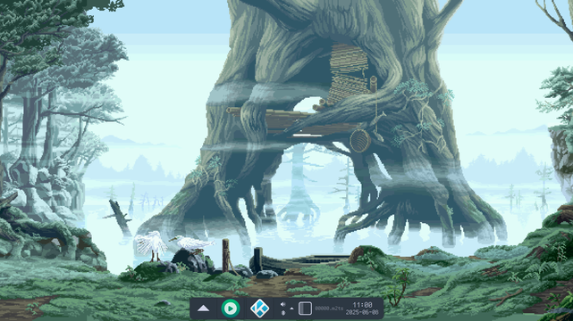 Screenshot of my desktop. There's a panel centered at the bottom, with a couple of icons. The background is a pixel art videogame* background, depicting a misty lake, seen from a patch of grassy land and trees. A huge tree rises above the lake supported by its roots, there are some artificial structures built on its trunk.
The image is animated, the mist and water move while a couple of birds tend to their feathers, but this screenshot is still.

*I don't remember which game is this from, maybe Samurai Shodown?