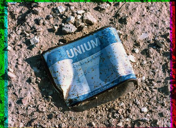 A rusty and crushed tin can laying on the ground. The label reads, “Unium Chicken Luncheon”.