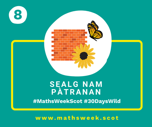 A colourful graphic with a green background and a yellow frame. Overlapping the top of the frame is a white circle with a picture of a brick wall, a butterfly and a sunflower. Inside the yellow frame are the Gaelic words "Sealg nam Pàtranan" and the hashtags #MathsWeekScot and #30DaysWild. Under the frame is the Maths Week website URL.