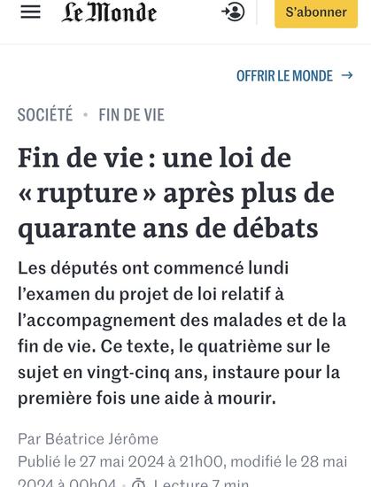 Fin de vie : une loi de « rupture » après plus de quarante ans de débats

Les députés ont commencé lundi l’examen du projet de loi relatif à l’accompagnement des malades et de la fin de vie. Ce texte, le quatrième sur le sujet en vingt-cinq ans, instaure pour la première fois une aide à mourir