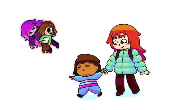 It's a drawing on a while background.

In the foreground, there is Frisk from the game Undertale They are a kid with a medium dark skin, medium brown hair, and a blue onesie with two purple stripes. They take the hand of Madeline from the other game Celeste. She's a white young woman, red long hair, cyan-green puffy jacket, a backpack, and brown pants. Frisk is bringing madeline somewhere with a determined face. Madeline find them cute.

In the background, there are two floating people. Probably ghosts or something. One is Chara, another kid from Undertale, light brown semi-long hair, white skin with pink cheeks, a green T-shirt with a stripe the color of their skin, and brown pants. They make a creepy face with black eyes and mouth melting. The other is Badeline, they looks exactly like Madeline, but purple and creepier. They are hiding behind Chara. Maybe they are playing some weird ghost game?

Knowing I took dang hours drawing that with shading and everything, it fills you with determination.