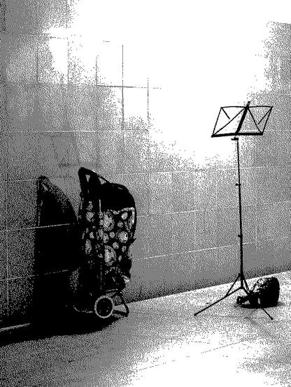 Black&white dithered photo of the lone stroller, case for some music instrument and the music stand near the tiled wall in the underground passage.
There are no hoomans on the photo.