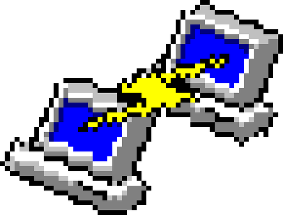 The result of rotating the PuTTY icon clockwise by 23°, using the algorithm described in the toot. If you were to count up the pixels by colour, you'd find the same number of each colour as in the input image, because the method of rotation hasn't created or destroyed any pixels. On the other hand, the result is rather confused at small scales: what was previously a solid black line around the lightning bolt now has gaps in it, and also divides the yellow interior into two parts.