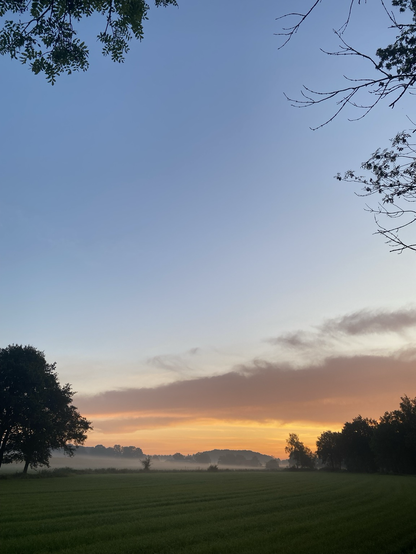 Sunrise with a pink, orange and blue sky and green fields.