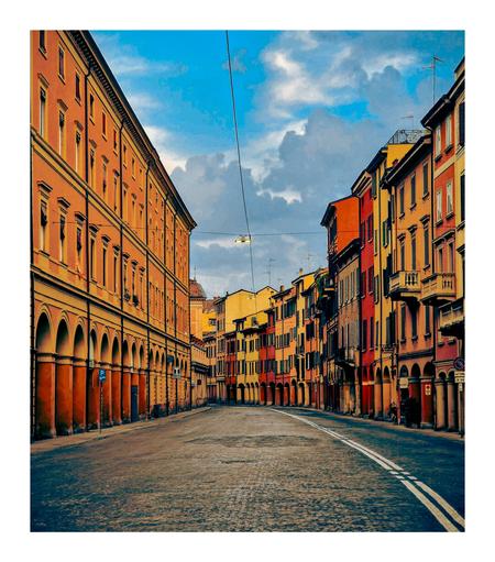 The photo is of a street scene in Via Saragozza, Bologna, Italy. The street is lined with tall buildings, which are painted in warm colours of orange and yellow and ochre. They have arched walkways/porticoes at ground level. The buildings are pretty in style because it's an old part of the city. The road is paved with stones and has the white lines down the middle meeting in the bottom right hand corner of the photo. The sky is blue and there are some clouds visible.