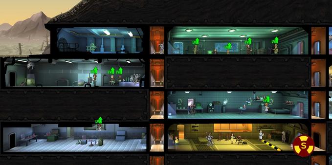 Screenshot of the game. Comic-style graphics. A few rooms with different functions are visible, as well as a bunch of dwellers in these rooms.