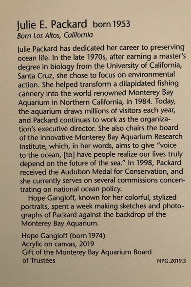 "Julie Packard has dedicated her career to preserving ocean life. In the late 1970s, after earning a master's degree in biology from the University of CA Santa Cruz, she chose to focus on environmental action. She helped transform a dilapidated fishing cannery into the world renowned Monterey Bay Aquarium in Northern California, in 1984. Today, the aquarium draws millions of visitors each year, and Packard continues to work as the organization's executive director. She also chairs the board of the innovative Monterey Bay Aquarium Research Institute, which, in her words, aims to give "voice to the ocean, [to] have people realize our lives truly depend on the future of the sea." In 1998, Packard received the Audubon Medal for Conservation, and she currently serves on several commissions concentrating on national ocean policy. Hope Gangloff, known for her colorful, stylized portraits, spent a week making sketches & photographs of Packard against the backdrop of the Monterey Bay Aquarium."