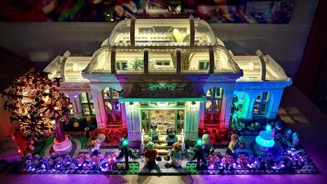 The Lego botanical garden model with colourful LED lighting all around.