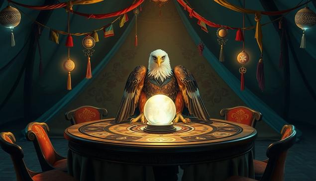 Das Bild zeigt eine Szene in einem dunklen, orientalisch dekorierten Zelt. Im Zentrum steht ein großer, runder Tisch mit einem kunstvoll verzierten Muster. Auf dem Tisch befindet sich eine Kristallkugel vor einem Adler mit weißem Kopf und braunen Flügeln. Der Adler sitzt aufrecht und blickt direkt vor sich. Um den Tisch herum sind fünf Stühle mit roten Polstern und goldenen Verzierungen. Der Hintergrund ist mit dunklen Tüchern und farbenfrohen Flaggen geschmückt, die mit Lichterketten verziert sind. Die Atmosphäre wirkt mystisch und magisch, mit einem warmen, goldenen Licht, das von den verschiedenen Lichtern im Raum ausgeht.
