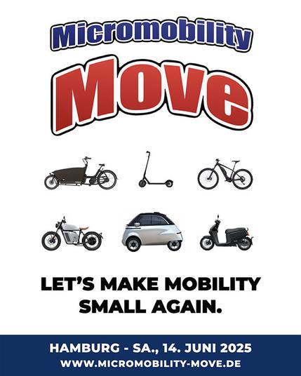 Sharepic
Überschrift: Micromobility Move 
Bilder verschiedener Fortbewegungsmittel, die kleiner sind als ein PKW und elektrisch oder mit Muskelkraft betrieben werden.
"Let's make mobility small again"
Untere Zeile: Hamburg -Sa 14. Juni 2025
www.micromobility-move.de