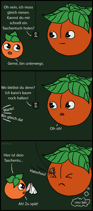Ein Tomaten-Comic bei dem die kleine Tomate der Spinne ein Taschentuch holt, weil die Spinne gleich niesen muss. Dies dauert eine Weile und dadurch muss die Spinne dann doch ohne Taschentuch niesen und klatscht durch den Rückstoß gegen die große Tomate. In dem Moment kommt die kleine Tomate erst mit dem Taschentuch.