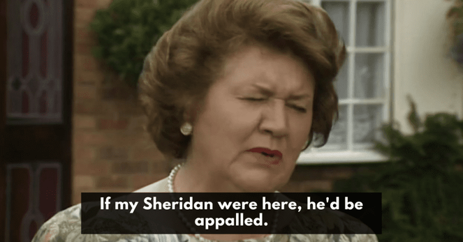 Hyacinth wincing as she says her famous line.