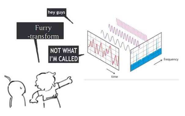 fourier transform saying "hey guys"
person pointing : "Furry transform"
"NOT WHAT I'M CALLED"
(from witzmaennchen on tumblr)