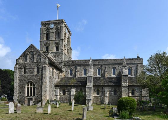 Photo of a Grade 1 listed church founded c.1103, with much C12 structure remaining. Of Norman and Transitional style using stone, flint, and cobbles. The flying buttresses to the clerestorey are early examples of this structural technique. The funds for the building may have been sourced from the harbour taxes of that era. Church Street, Shoreham by Sea, Sussex, UK.