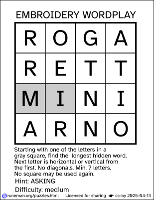 Embroidery Wordplay
a one-word word search puzzle

hint: asking
difficulty: medium

Letter grid:
R O G A
R E T T
M* I* N I
A R N O

letters marked with an asterisk indicate the potential starting points for the word. The image shows them with a gray background.