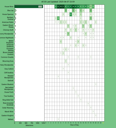 Chart generated by BirdNET-Pi with rows of all detected birds for Saturday, June 07, 2025 in decending order.  The first large column displays a bar chart of relative frequency; the 24 reamaining columns create cells with the bird count for each hour of the day shaded by relative count.