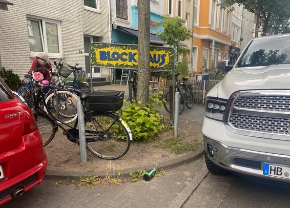 Ein Pick Up Truck steht vor eine Baumscheibe und einem Parkplatz mit Fahrradständern. Drumherum mehrere Fahrräder.