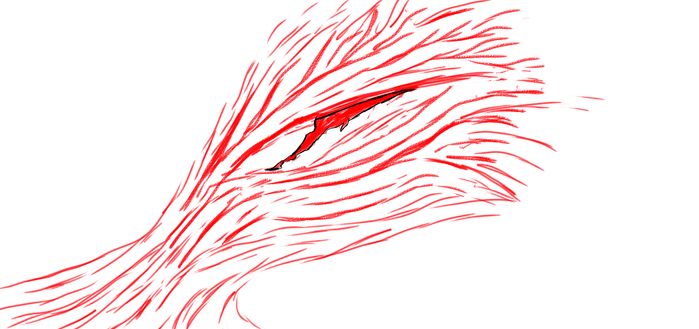 Red color on white background An stylelized eye in a platera of weird lines vaguely remembering to a tribal or a bundle of grass. The eye is dragon like, the lines also vaguely resemble a dragons eyelid and facial structure around an eye and the beginning of a snout maybe some horned eye lashes eye brows. The lines are mostly disconnected.
They start at the lower left corner of the picture and move up to the middle of the picture the upper left corner and the right side are completely white as it is the room between the lines.