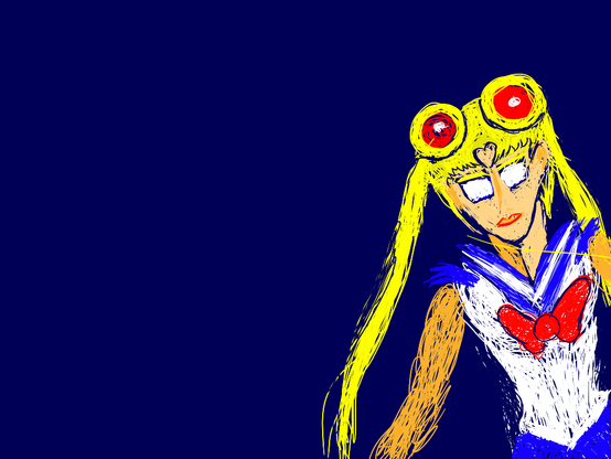 Dark violet to midnight blue background a very rough looking Sailor Moon in the weird line Art I described before, the proportion are off she is positioned from the lover left to the middle corner, looking towards the viewer. Her left arm, right hand & legs are cut off by the end of the canvas. Her long braids are visible, the white senshi outfit, reminiscent of a Japanese School uniform or Donald Ducks attire, I didn't finished the eyes so they are only garbled white yarn balls, I surrounded. This picture was described as fucking creepy looking by a friend. It has a slight wax pencil vibe.