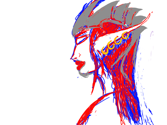 White canvas a very long eared elf like or tiefling creature in the side profile, looking to the left, the messy lines resemble red hair, blue and red lines forming her face with a very aristocratic nose, full lips and triangular eyes, her ear is very long and has four golden yellow rings pierced through its lower part grey bone plating and a big forehead horn cover her upper and back of her head the bone plating has vague similarities the the Sidney opera building.
You can clearly see all the not over painted lines of different colors underneath the other colors I painted on top. It has something of a spirograph pattern if you remove the wheel from the evaluation...