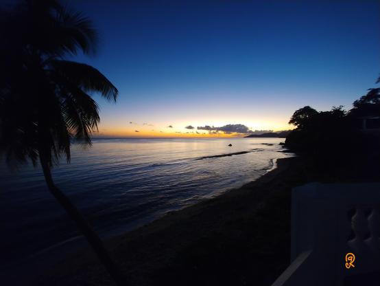 Wide sunset in Caribean Puerto Rico with dark palm trees in the edges.