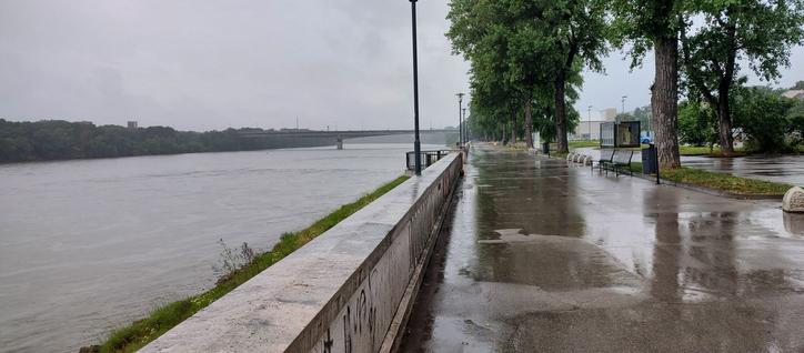 Empty pedestrian promenade along Bratislava's shore of Danube river, on a rainy day. Everything is grey, there are puddles on the ground with hits from raindrops visible. Only trees along the promenade are green.