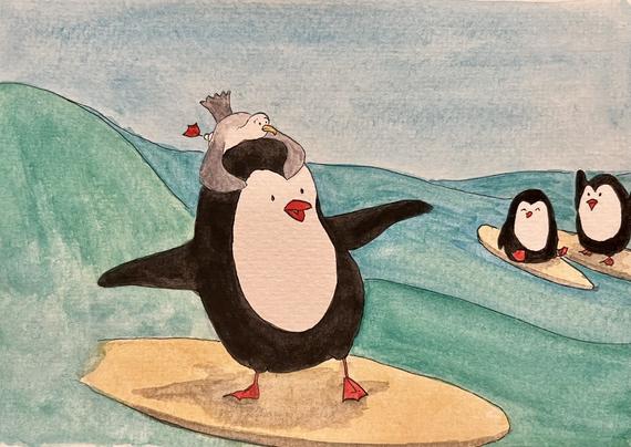 Illustration of three penguins surfing on the ocean.