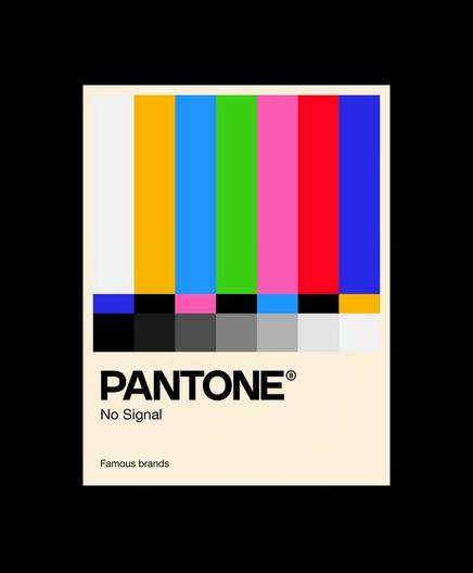 Una imagen de diseño minimalista que combina el patrón de "No Signal" de TV con la estética de una tarjeta de color Pantone.