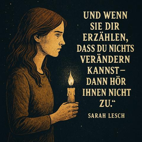 Ein symbolisch gestaltetes Bild zeigt eine junge Frau mit langen, gewellten Haaren im Profil, die eine brennende Kerze in beiden Händen vor sich hält. Ihr Blick ist ruhig, entschlossen und leicht melancholisch – sie steht für Klarheit inmitten der Dunkelheit. Der Hintergrund ist sternenübersät und tief dunkel, wodurch das Kerzenlicht warm auf Gesicht und Hände fällt. Rechts im Bild steht in großer, kraftvoller Schrift ein Zitat von Sarah Lesch:

„Und wenn sie dir erzählen, dass du nichts verändern kannst –
dann hör ihnen nicht zu.“

Das Bild vermittelt eine stille, aber unerschütterliche Botschaft von Mut, Wahrheit und individueller Verantwortung.

⸻

🇬🇧 Image Description (English)

A symbolically illustrated image depicts a young woman with long, wavy hair in profile, holding a lit candle gently in both hands. Her expression is calm, determined, and slightly melancholic — embodying clarity amid darkness. The background is dark and star-speckled, allowing the candlelight to cast a warm glow across her face and hands. On the right side of the image, a powerful quote by Sarah Lesch appears in bold letters:

“And if they tell you that you can’t change anything –
then don’t listen to them.”

The image conveys a quiet yet unwavering message of courage, truth, and individual responsibility.🖖