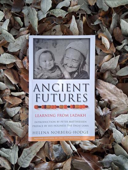 Picture of the book 'Ancient Futures: Learning From Ladakh' by Helena Norberg-Hodge, laying on a bed of autumn leaves.