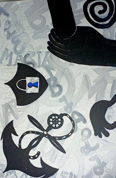 Ein Tableau mit den schwarzen Friedens-Symbolen Anker, Schloß, Hände-Herz und einem Teil des Symbols für Bescheidenheit. Weiß und Grau im Hintergrund erscheinen Namen von Friedensnobelpreisträgern.