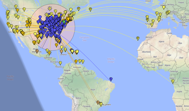 PSK Reporter screen capture showing hundreds of markers all over North America, a dozen in Europe, a handful near Rio De Janeiro, Brazil, and even one in Angola.