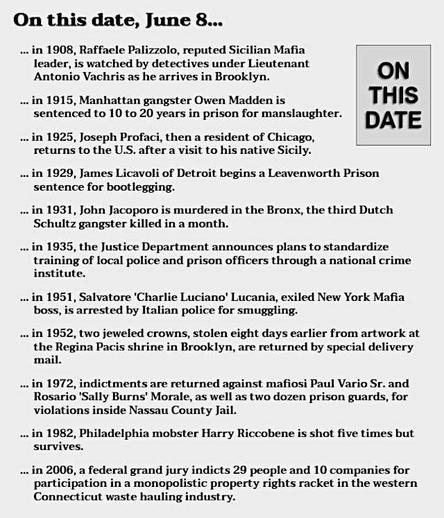 Text reads: On this date, June 8...
in 1908, Raffaele Palizzolo, reputed Sicilian Mafia leader, is watched by detectives under Lieutenant Antonio Vachris as he arrives in Brooklyn.
in 1915, Manhattan gangster Owen Madden is sentenced to 10 to 20 years in prison for manslaughter.
in 1925, Joseph Profaci, then a resident of Chicago, returns to the U.S. after a visit to his native Sicily.
in 1929, James Licavoli of Detroit begins a Leavenworth Prison sentence for bootlegging.
in 1931, John Jacoporo is murdered in the Bronx, the third Dutch Schultz gangster killed in a month.
in 1935, the Justice Department announces plans to standardize training of local police and prison officers through a national crime institute.
in 1951, Salvatore 'Charlie Luciano' Lucania, exiled New York Mafia boss, is arrested by Italian police for smuggling.
in 1952, two jeweled crowns, stolen eight days earlier from artwork at the Regina Pacis shrine in Brooklyn, are returned by special delivery mail.
in 1972, indictments are returned against mafiosi Paul Vario Sr. and Rosario 'Sally Burns' Morale, as well as two dozen prison guards, for violations inside Nassau County Jail.
in 1982, Philadelphia mobster Harry Riccobene is shot five times but survives.
in 2006, a federal grand jury indicts 29 people and 10 companies for participation in a monopolistic property rights racket in the western Connecticut waste hauling industry.