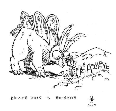 cartoony ink drawing of a giant buffalo-like monster, with a moth head, and a series of moth wings like stegosaurus plates, about to stomp on a building at the edge of a mountain city