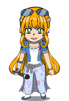 A chibi overworld “sprite” of Ruby. She has mid—knee length orange hair that is wavy at the ends, has sage green eyes, platinum earrings and hair clips, and indigo-tinted sunglasses. Her outfit has a two-toned blue jacket with a music note motif, platinum cuffs and collar, a white and blue polka-dotted peasant top with a long floral patterned skirt. Her skirt pattern is modeled after the Flower Power iMac color, and she wears graphite dress shoes, and a gauntlet that is a polished silver and graphite (modeled after the original Power Mac G4). She is holding a microphone.