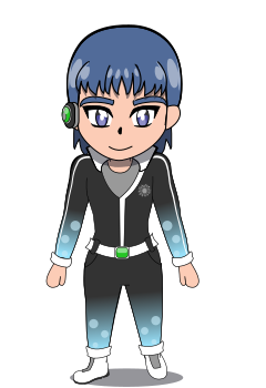 A chibi overworld “sprite” of Trey. He has short slate blue hair and has slate blue eyes, a black and green earpiece in one ear. His outfit is modeled after a racer outfit in black with a light blue gradient along the arms and legs with white cuffs and boots. His outfit has a bubble pattern on it and a sunflower motif.