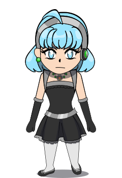 A chibi overworld “sprite” of Fiore. She has short light blue hair in a bob cut with a silver headband and has light blue eyes, a black and green earpiece in one ear.