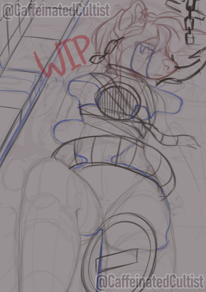 Digital art WIP sketch of a furry character laying down in a pool, crying. Character appears to be decorated with objects, and has a giant hole in its chest.

Artwork by, CaffeinatedCultist