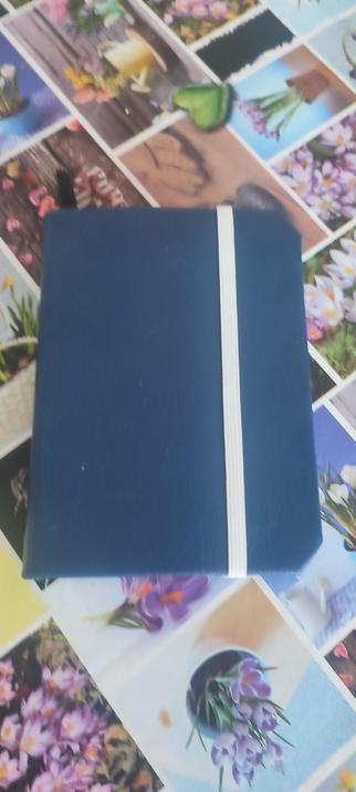 Cover of a moleskinge like handmade notebook White elastic, blue cover