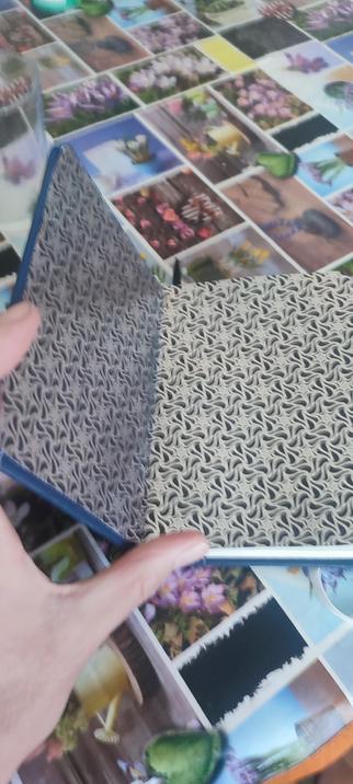 Inside of endpapers of a handmade moleskine like notebook, shoing a silverf foiled pattern