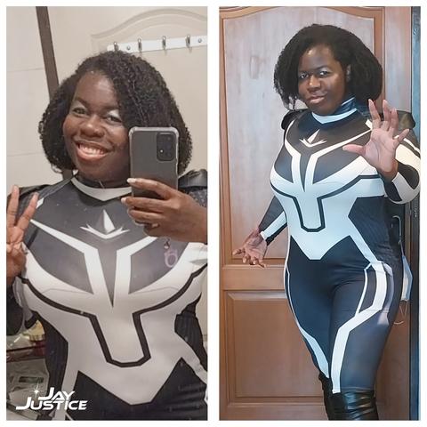 Two image collage of Jay dressed as Monica Rambeau in a black and white jumpsuit, first image is a selfie and the second is a better look at the costume.
