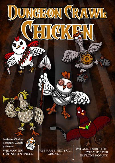 Ein Cover mit dem Titel: Dungeon Crawl Chicken
Darunter 5 Hühnchen, die wie Krieger gekleidet sind.